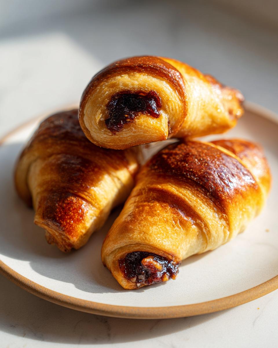 Three golden-brown pecan pie crescents stacked on a light plate, showing the rich pecan filling.