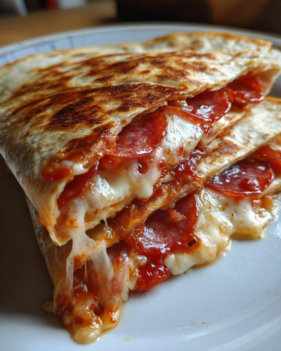 Close-up of a freshly made pizza quesadilla cut in half, showing melted, stringy cheese and pepperoni oozing out.