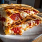 Two halves of a golden-brown pizza quesadilla stacked, showing melted cheese and pepperoni spilling out.