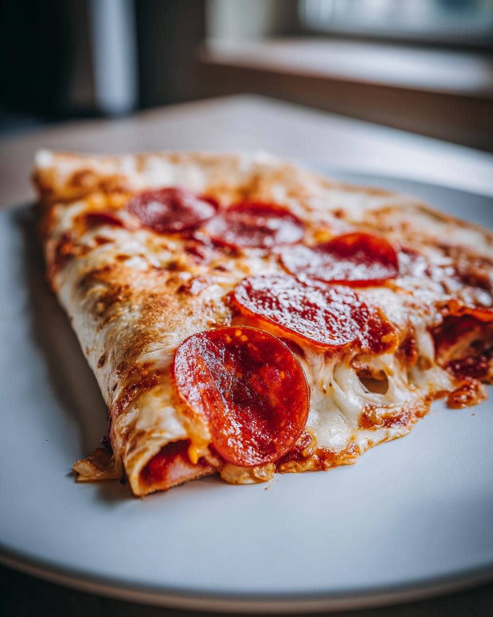 Close-up of a slice of pepperoni pizza quesadilla showing melted cheese and crispy pepperoni.