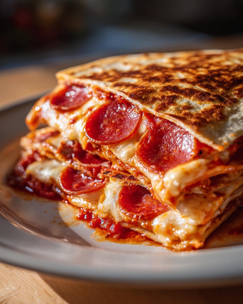 A stack of golden-brown, toasted pizza quesadilla wedges filled with melted cheese and pepperoni slices.