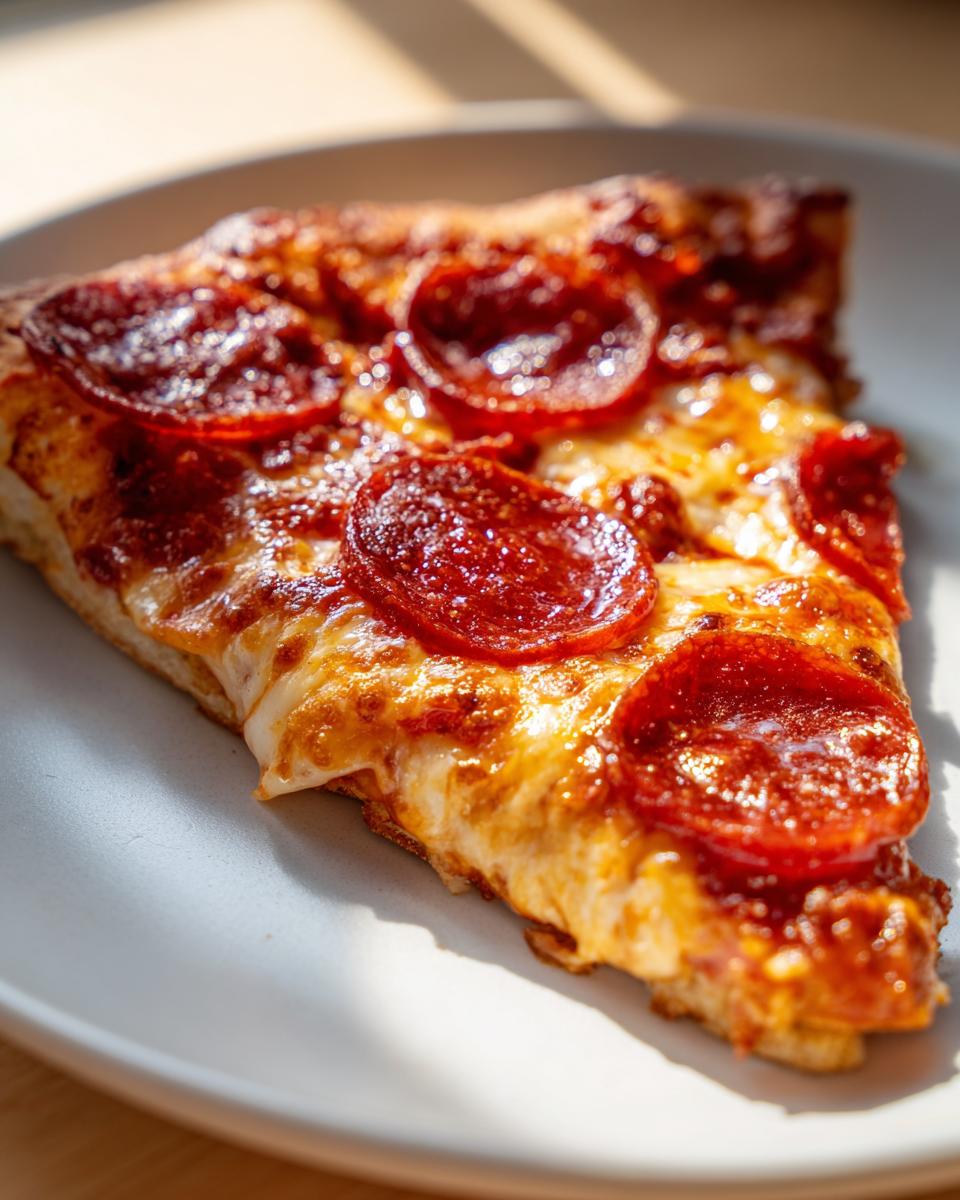 Close-up of a cheesy pepperoni pizza slice, representing the filling for a pizza quesadilla.