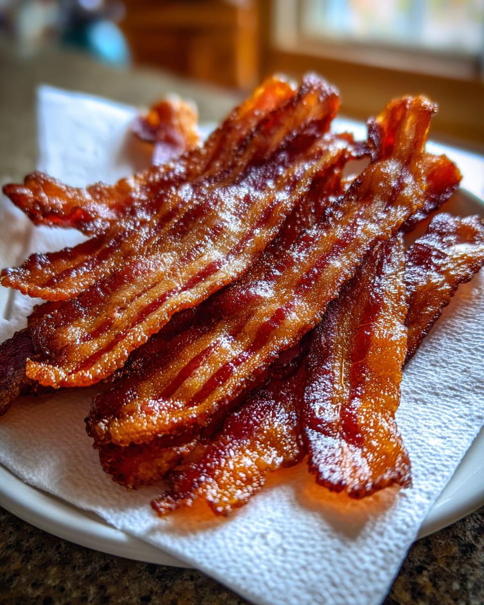 Close-up of several perfectly cooked, crispy strips of air fryer bacon draining grease on a white paper towel.