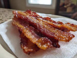 Close-up of several perfectly cooked, crispy strips of air fryer bacon draining on a white paper towel.