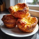 A stack of four golden brown, perfectly risen Yorkshire pudding cups resting on a white plate.
