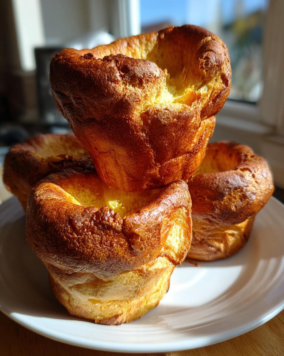 A stack of four beautifully risen, golden-brown Yorkshire pudding on a white plate, showcasing their high rise.
