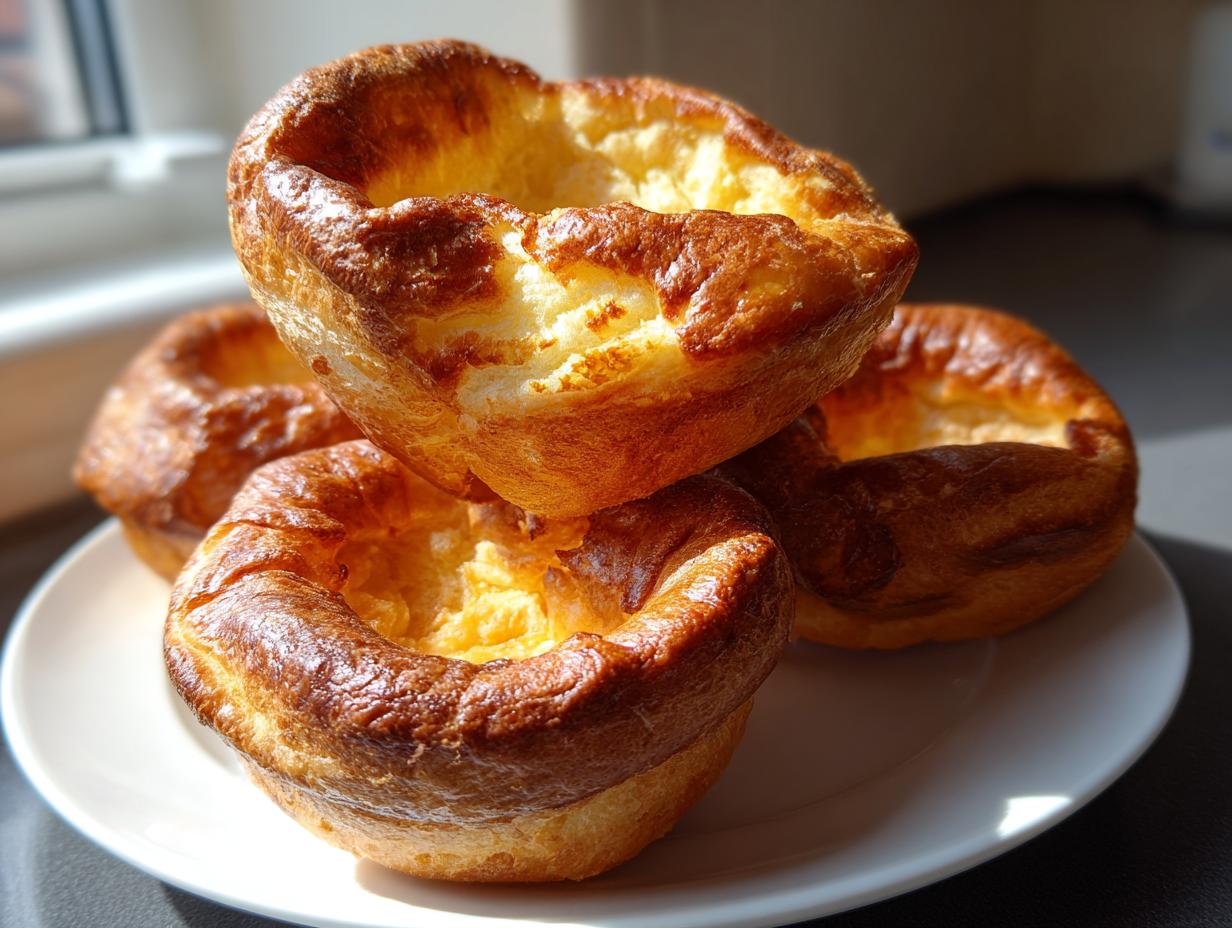 Close-up of four golden brown, perfectly risen Yorkshire pudding cups stacked on a white plate.