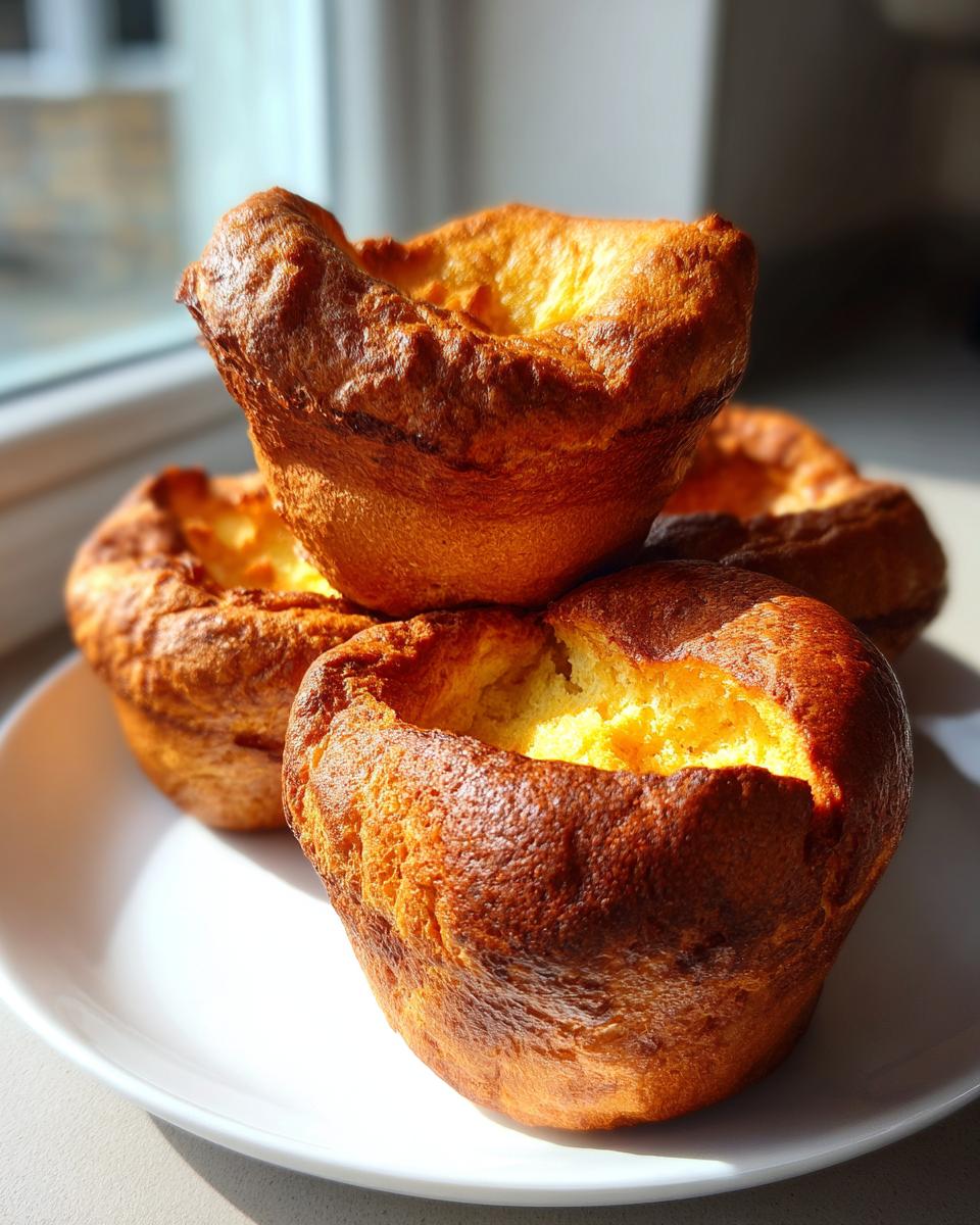 Close-up of four golden brown, perfectly risen Yorkshire pudding pastries stacked on a white plate.