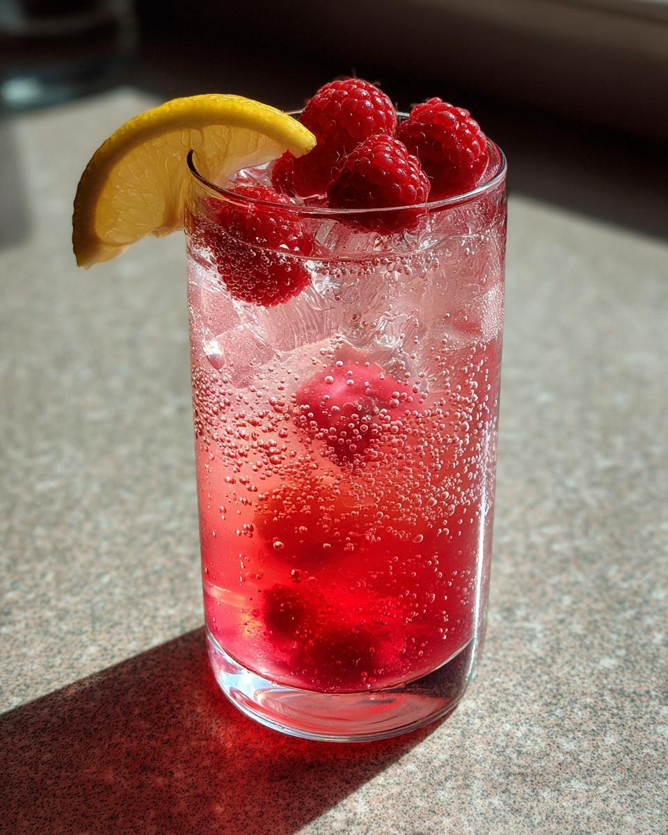 A tall glass filled with a fizzy pink lemonade mocktail, garnished with fresh raspberries and a lemon slice.