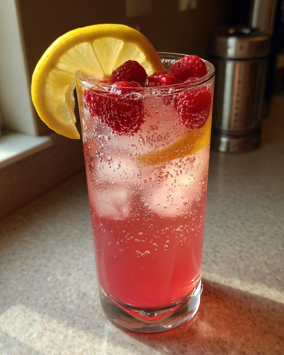 A tall glass filled with a fizzy pink lemonade mocktail, garnished with fresh raspberries and a lemon slice.