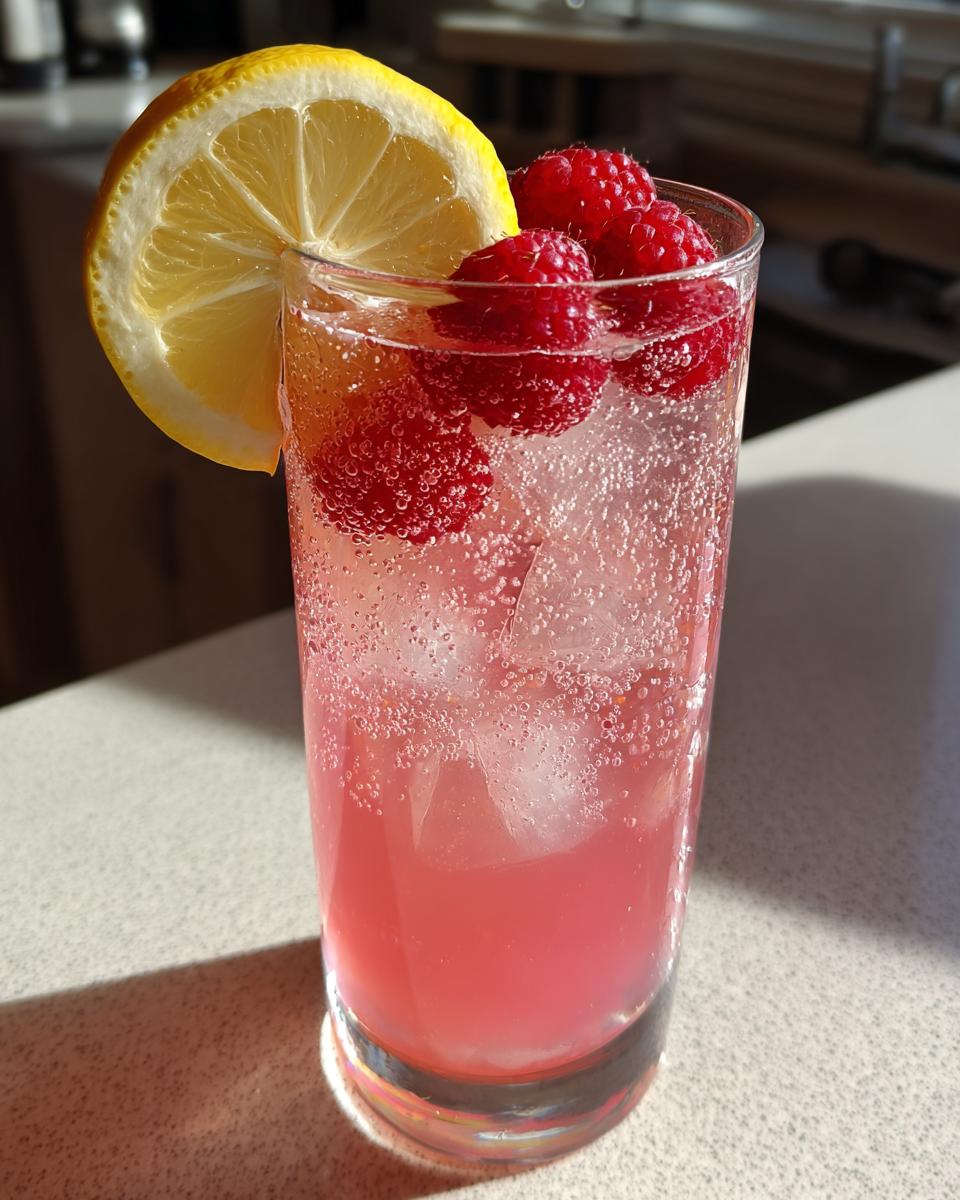 A tall glass filled with a bubbly pink lemonade mocktail, garnished with fresh raspberries and a lemon slice.