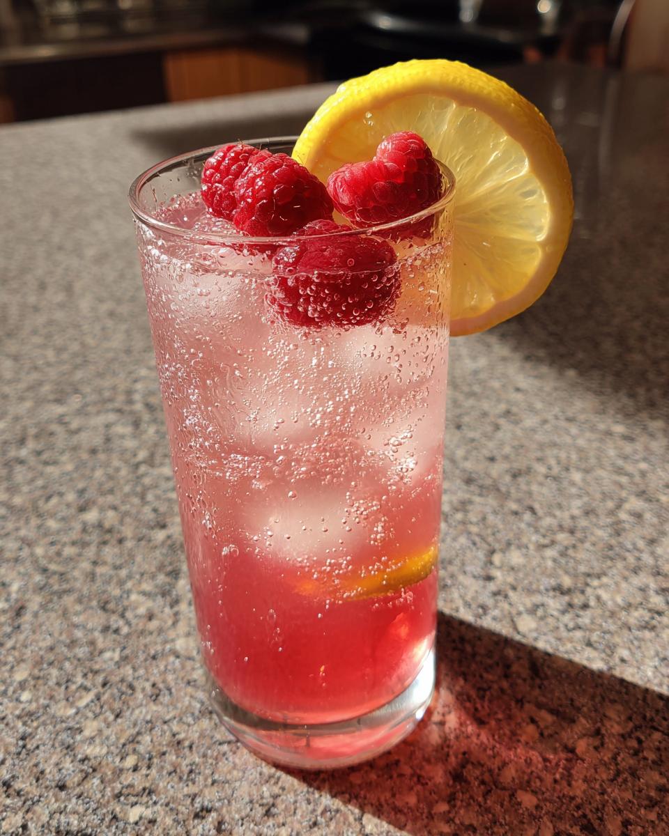 A tall glass of bubbly pink lemonade mocktail garnished with fresh raspberries and a lemon slice.