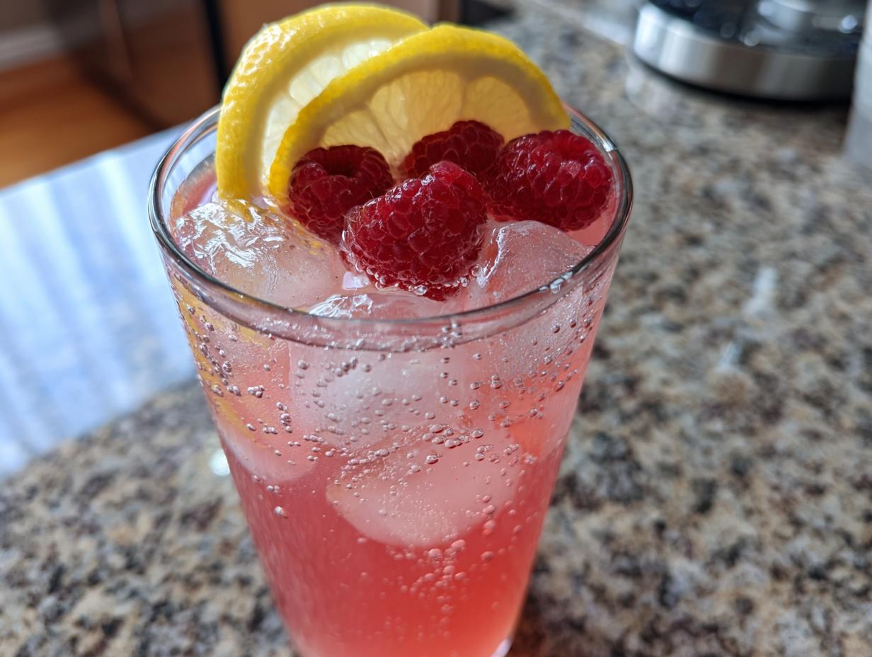 Close-up of a tall glass filled with a bubbly pink lemonade mocktail, ice, fresh raspberries, and lemon slices.