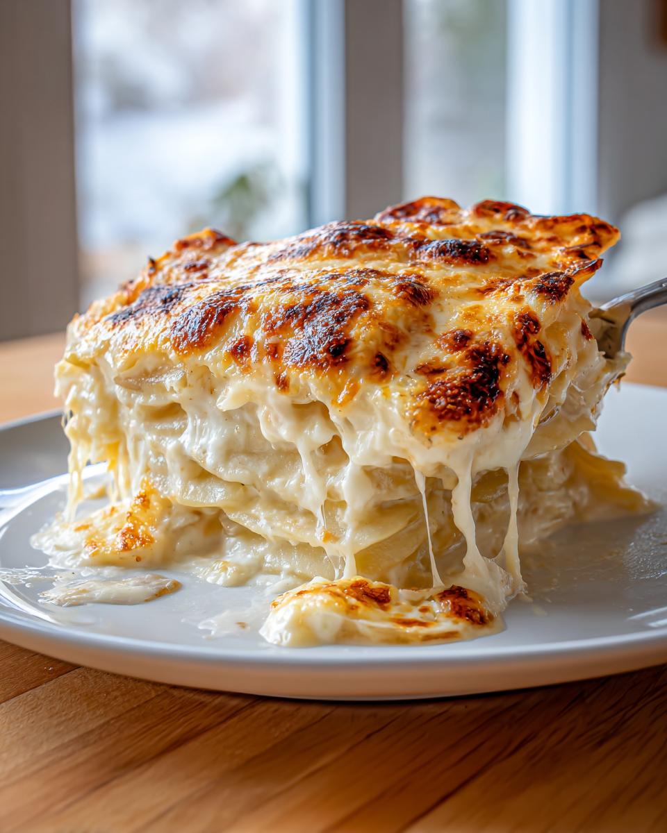 A decadent, cheesy slice of pioneer woman scalloped potatoes recipe being lifted with a fork, showing melted cheese strings.