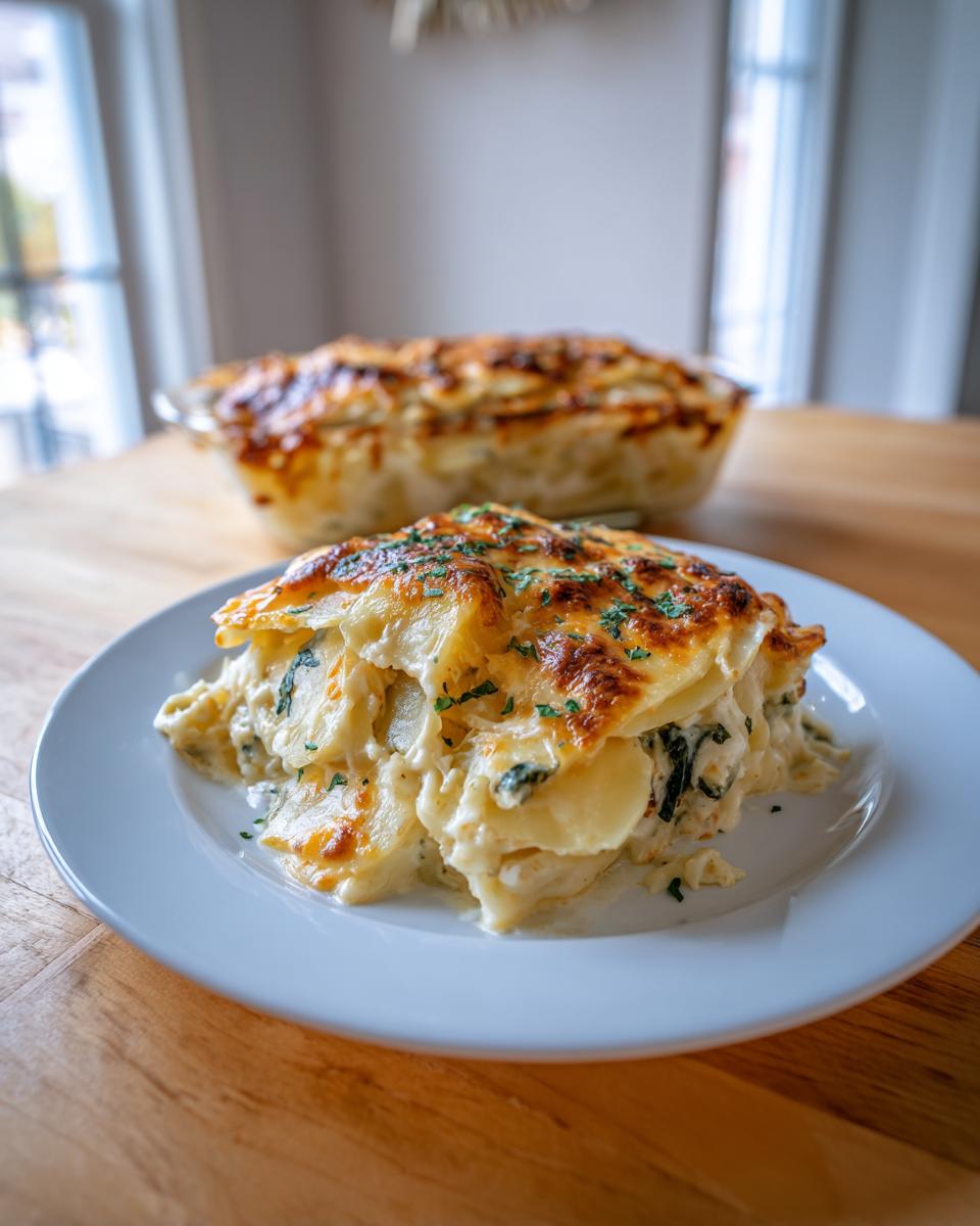 A generous serving of creamy pioneer woman scalloped potatoes recipe with a golden-brown, cheesy crust, garnished with parsley.
