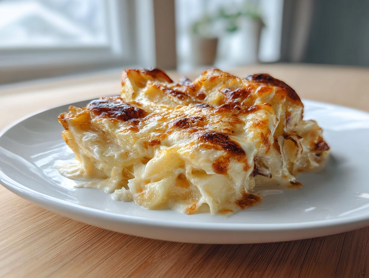 A close-up serving of creamy, baked pioneer woman scalloped potatoes recipe with a golden-brown, cheesy crust.