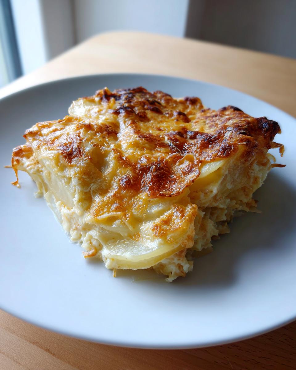 A golden-brown slice of creamy pioneer woman scalloped potatoes recipe on a white plate.