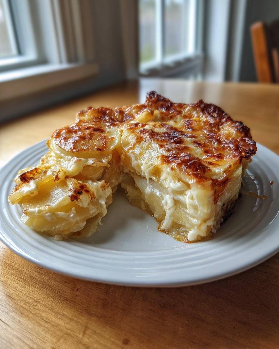 A thick slice of creamy, cheesy pioneer woman scalloped potatoes recipe with a golden-brown baked top.