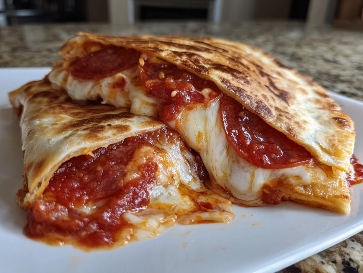 Close-up of a golden-brown pizza quesadilla cut in half, oozing with melted mozzarella cheese, pepperoni, and pizza sauce.