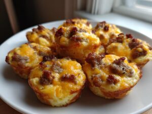 A close-up photo of several golden-brown mcgriddle bites topped with melted cheddar cheese and sausage crumbles on a white plate.