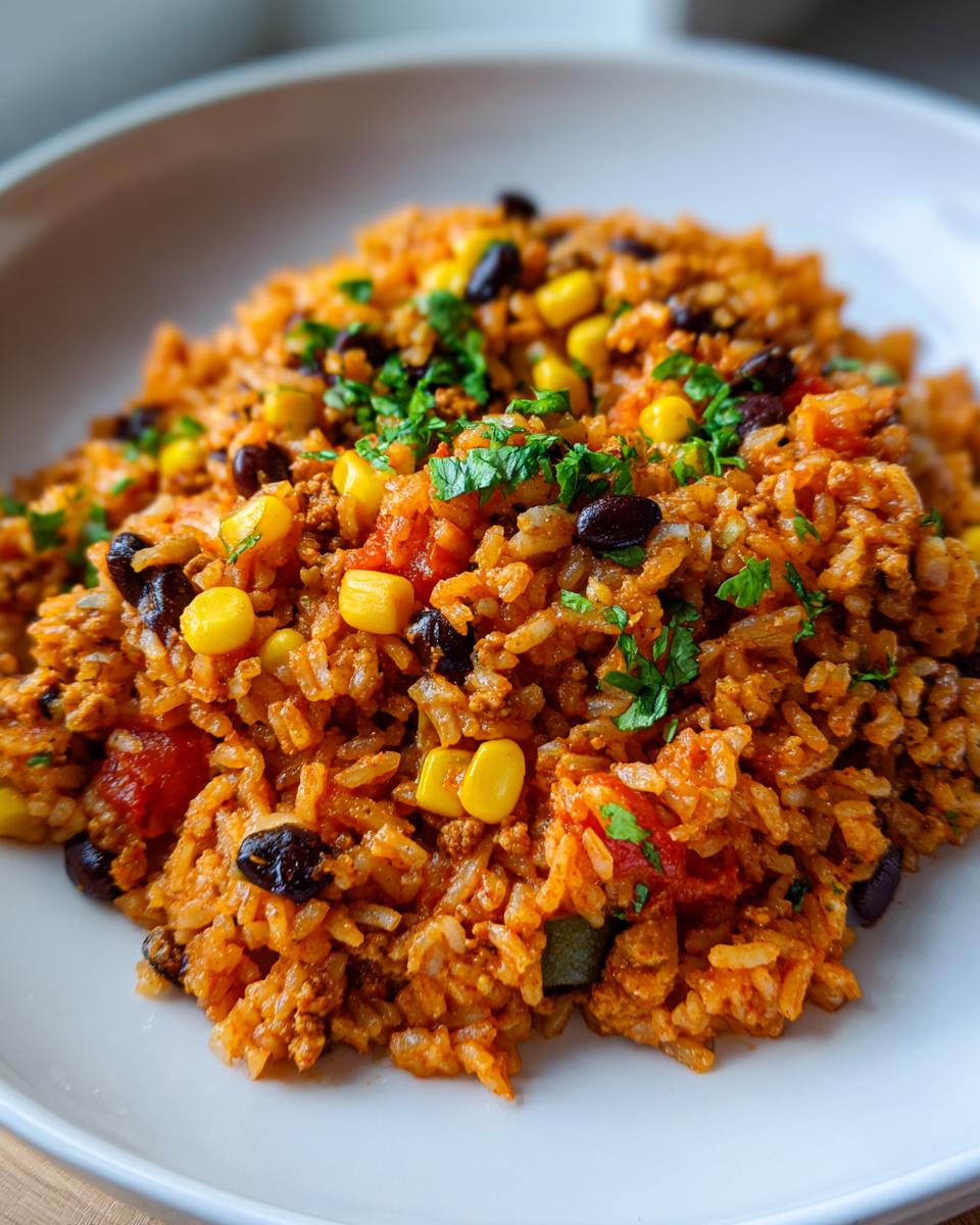 A close-up of a serving of vibrant mexican chorizo rice mixed with black beans, corn, and garnished with fresh cilantro.