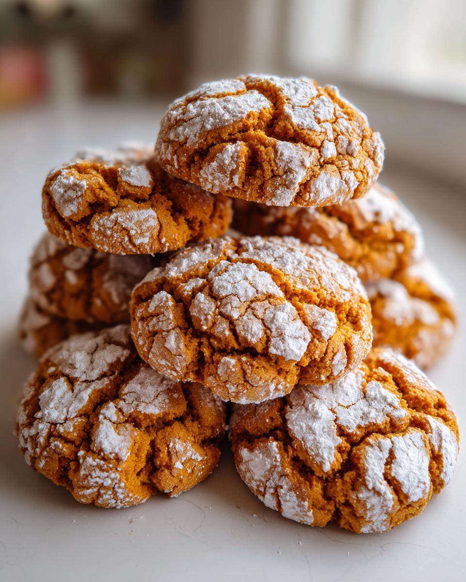 A close-up stack of vibrant orange pumpkin crinkle cookies heavily dusted with white powdered sugar.