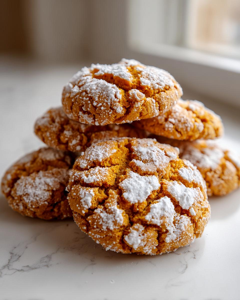 Close-up of a stack of vibrant orange pumpkin crinkle cookies heavily dusted with powdered sugar.