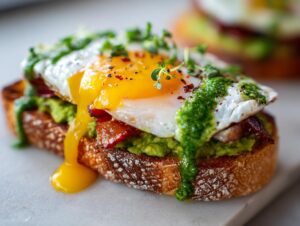 Close-up of prime rib and eggs avocado toast featuring a runny fried egg, smashed avocado, and green drizzle on toasted bread.