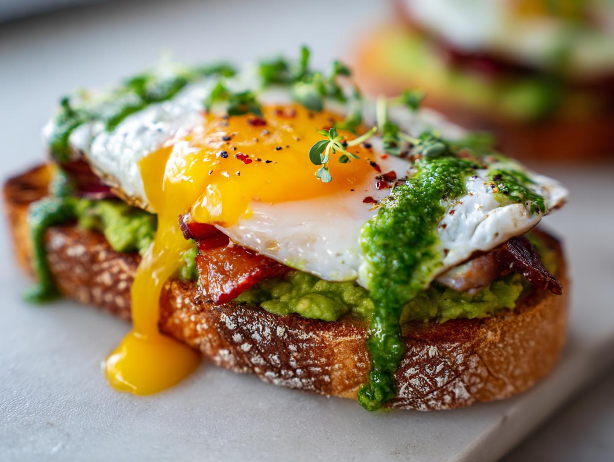 Close-up of prime rib and eggs avocado toast featuring a runny fried egg, smashed avocado, and green drizzle on toasted bread.
