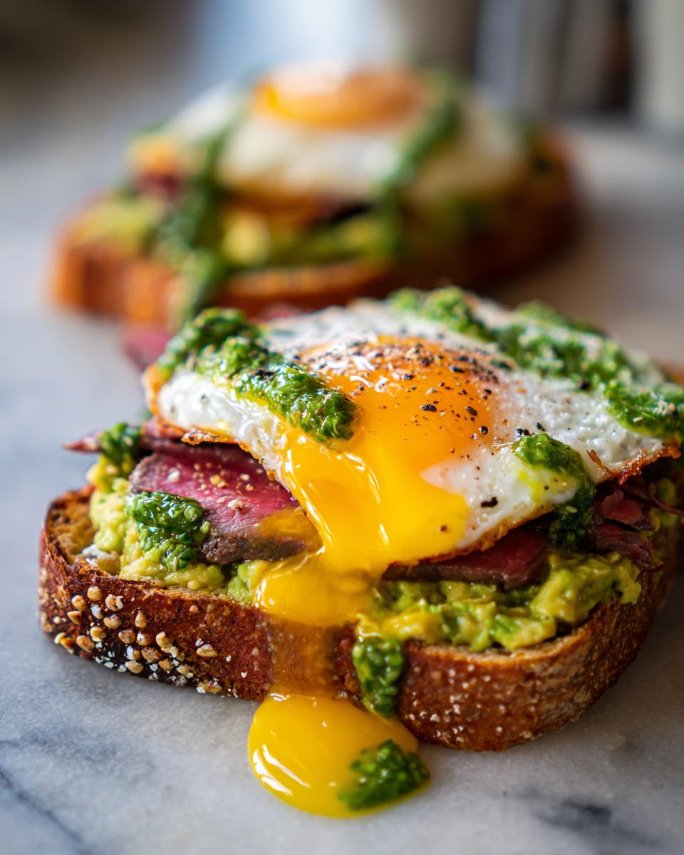 Close-up of prime rib and eggs avocado toast with a runny yolk dripping down the side.