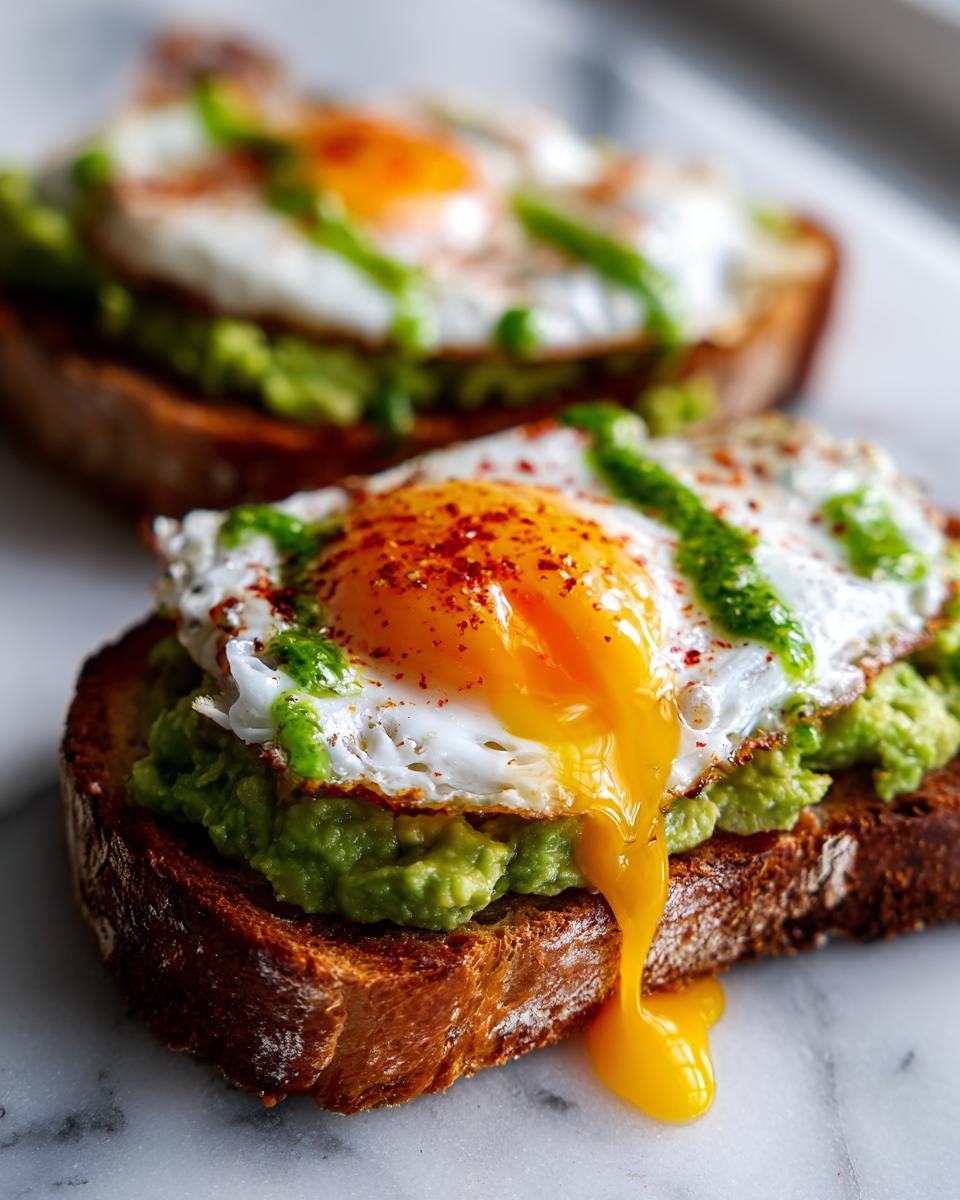 Close-up of prime rib and eggs avocado toast with a runny yolk, green drizzle, and paprika on toasted bread.