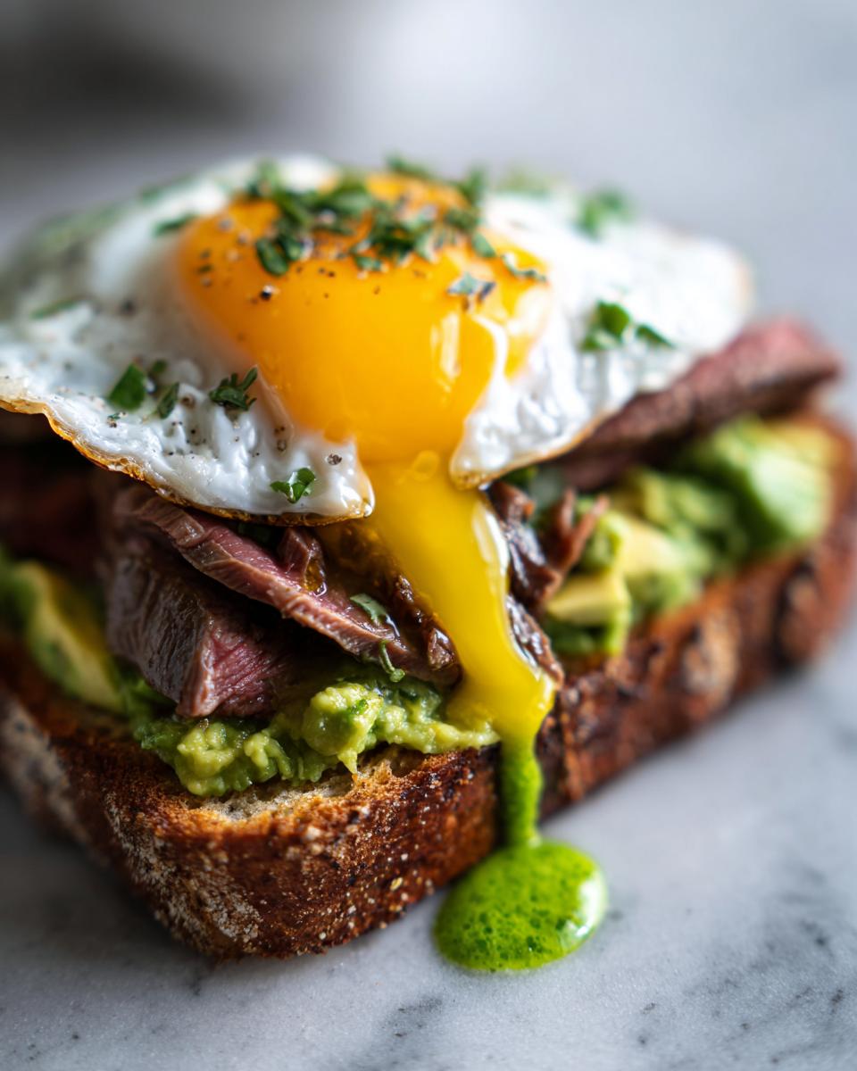 Close-up of prime rib and eggs avocado toast showing runny yolk dripping onto a marble surface.