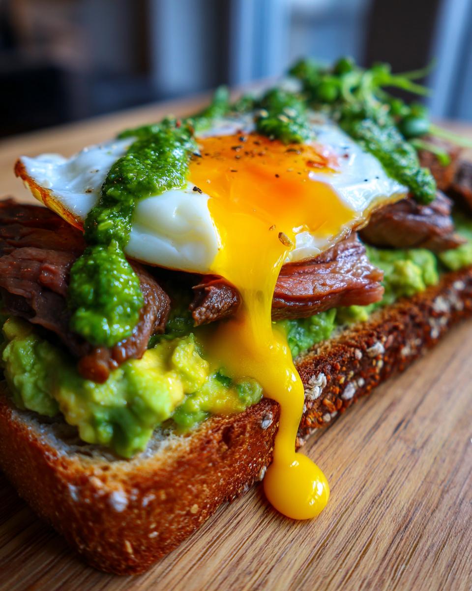 Close-up of prime rib and eggs avocado toast with a runny yolk dripping down the side.