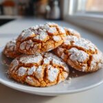 A close-up of several soft pumpkin crinkle cookies dusted heavily with white powdered sugar on a white plate.