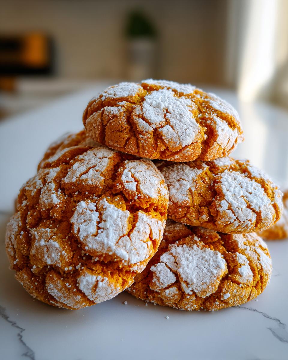 A close-up stack of vibrant orange pumpkin crinkle cookies generously dusted with powdered sugar.