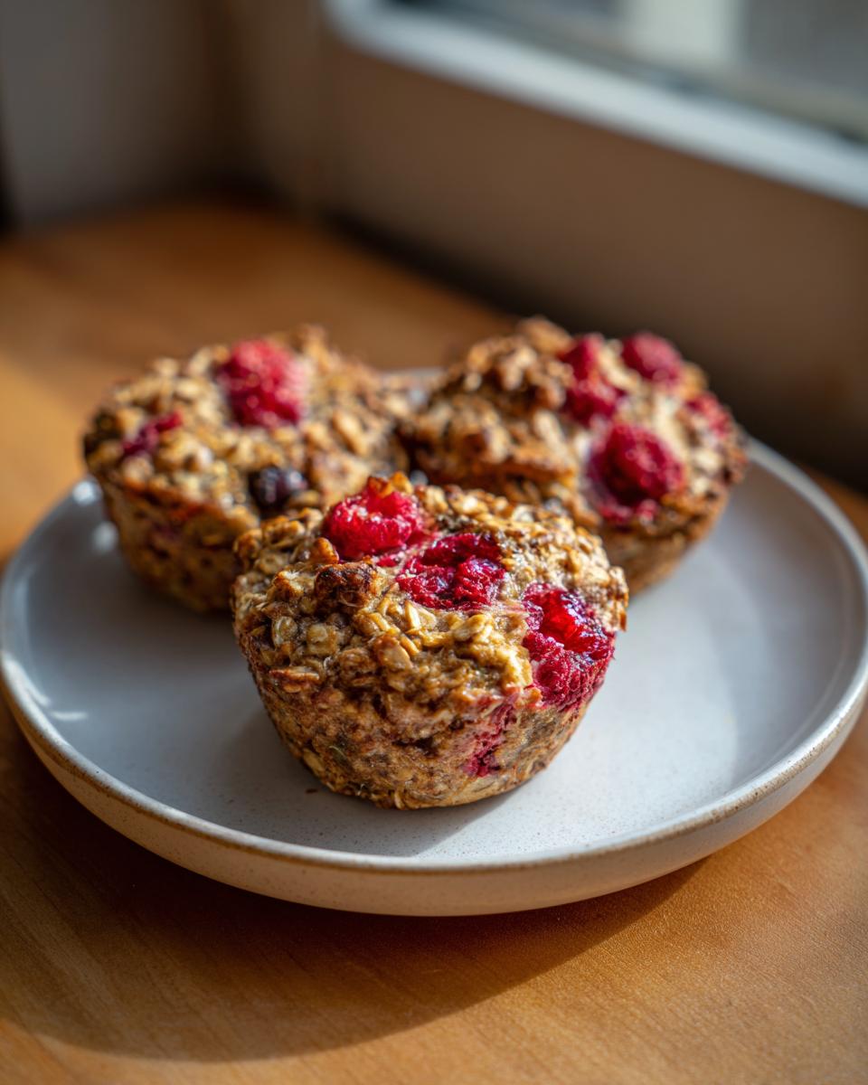 Three freshly baked oatmeal cups topped with bright red raspberries sitting on a light ceramic plate.