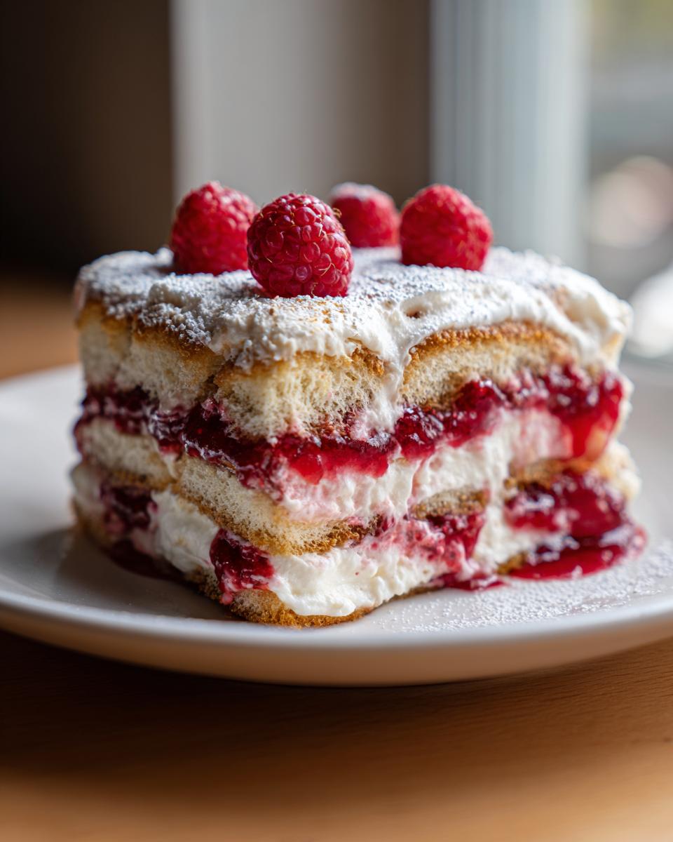 A decadent slice of raspberry tiramisu layered with cream and raspberry filling, topped with fresh raspberries.