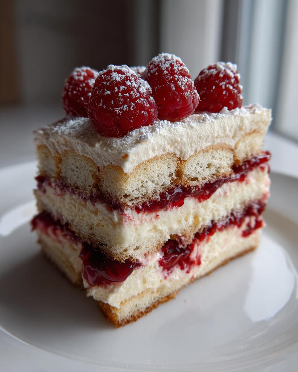 A layered slice of raspberry tiramisu featuring ladyfingers, cream, and raspberry filling, topped with fresh raspberries.