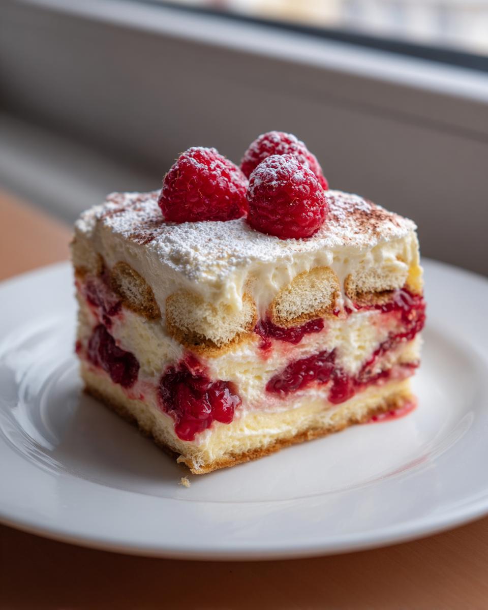 A perfect square slice of raspberry tiramisu layered with cream and ladyfingers, topped with fresh raspberries.