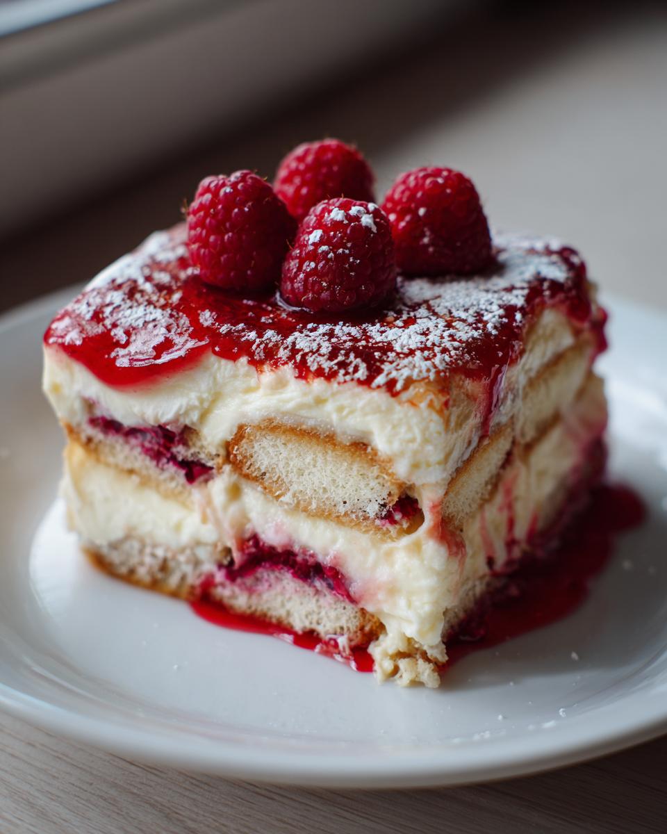 A square slice of raspberry tiramisu layered with cream and ladyfingers, topped with fresh raspberries.