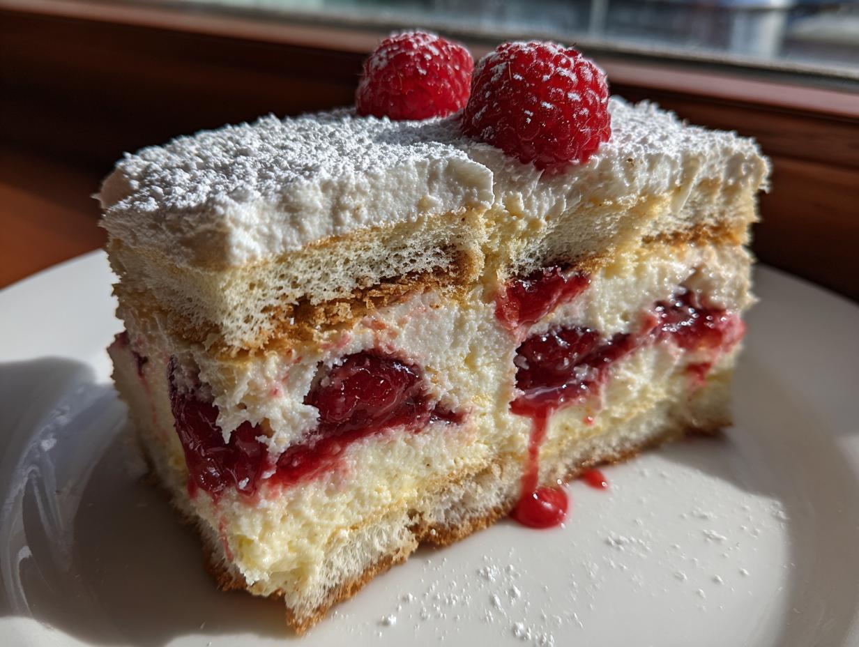 Close-up of a layered slice of raspberry tiramisu topped with powdered sugar and two fresh raspberries.