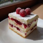 A square slice of layered raspberry tiramisu dusted with powdered sugar and topped with three fresh raspberries.