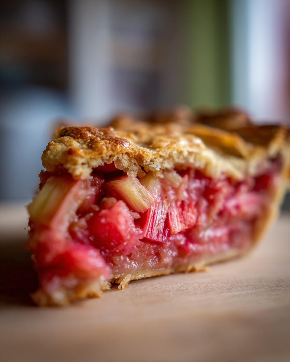A close-up, macro shot of a thick slice of rhubarb pie showing the bright red, chunky rhubarb filling and golden crust.