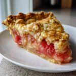 Close-up of a generous slice of homemade rhubarb pie showing bright pink filling and a golden, flaky top crust.
