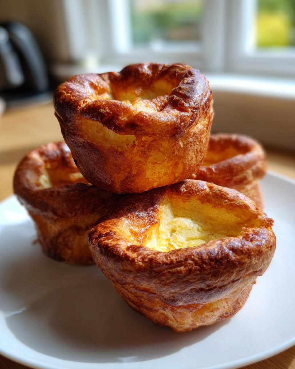 Close-up of three golden brown, perfectly risen Yorkshire pudding items stacked on a white plate.