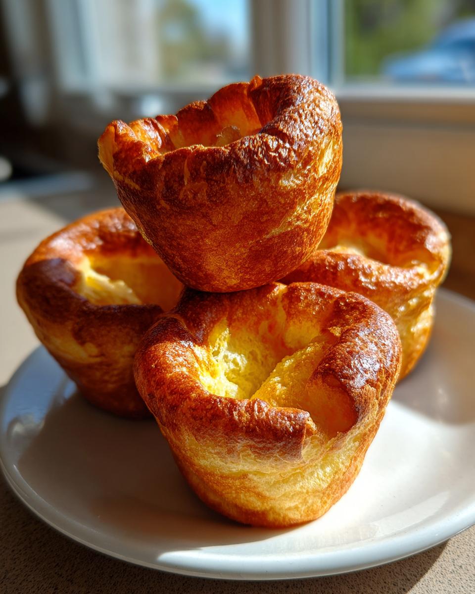 Three golden brown, beautifully risen Yorkshire pudding pastries stacked on a white plate.