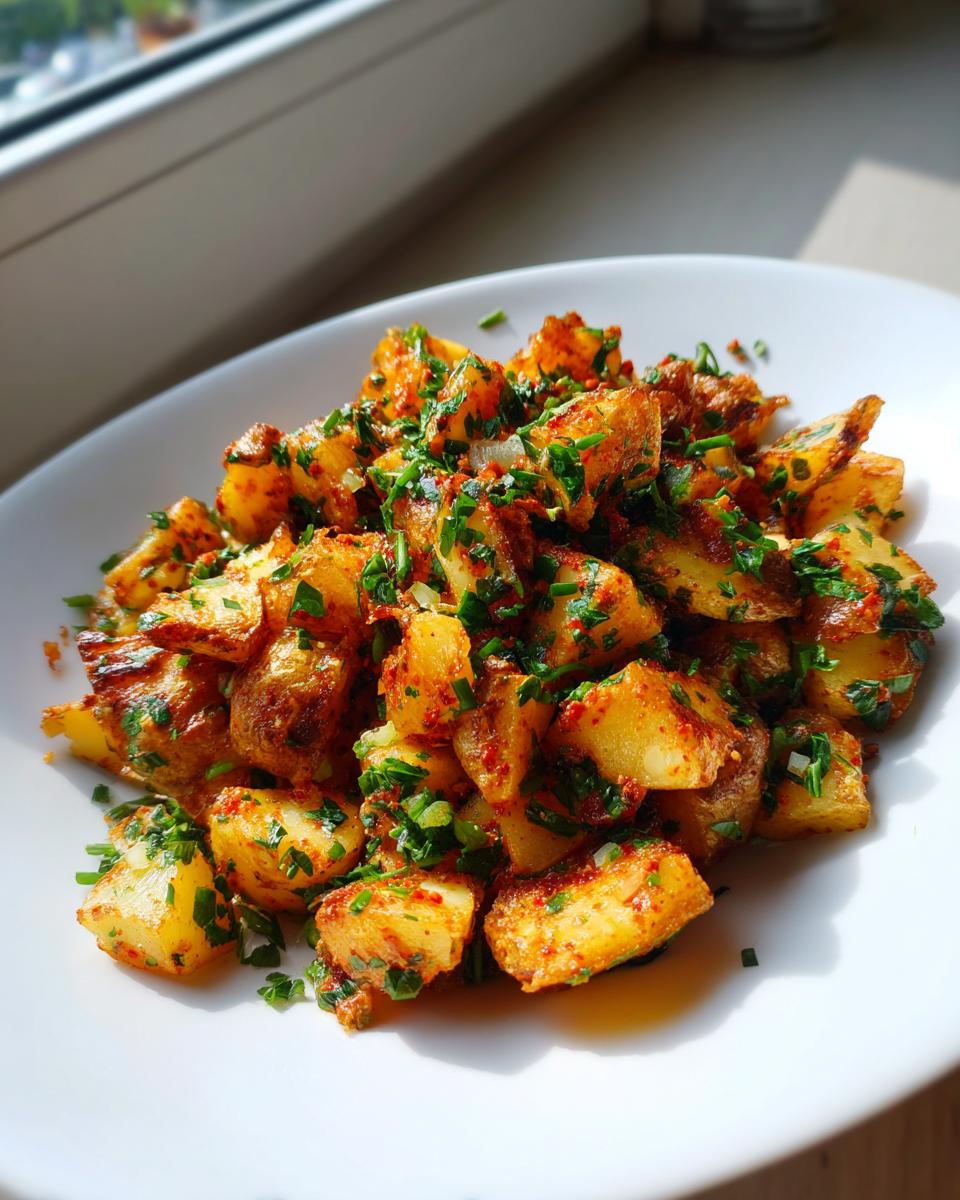 Close-up of golden roasted potato salad tossed in spices and topped with fresh chopped chives.