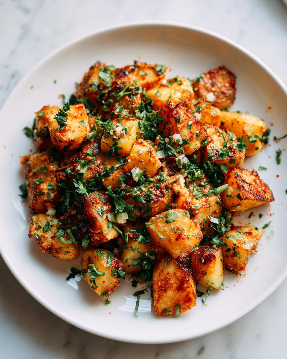 Close-up of perfectly seasoned and roasted potato salad chunks garnished generously with fresh chopped parsley.