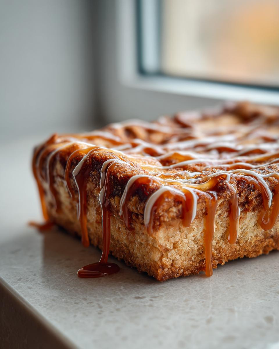 A close-up, macro shot of a thick bar of salted caramel cinnamon sourdough pop tart bars dripping with caramel sauce.