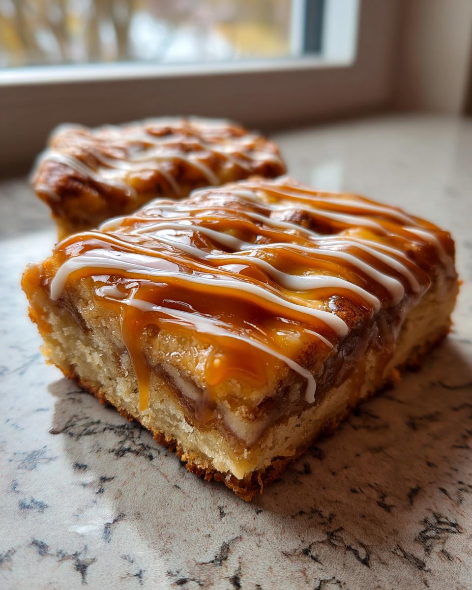 A close-up view of a square salted caramel cinnamon sourdough pop tart bar, drizzled with caramel and white icing.
